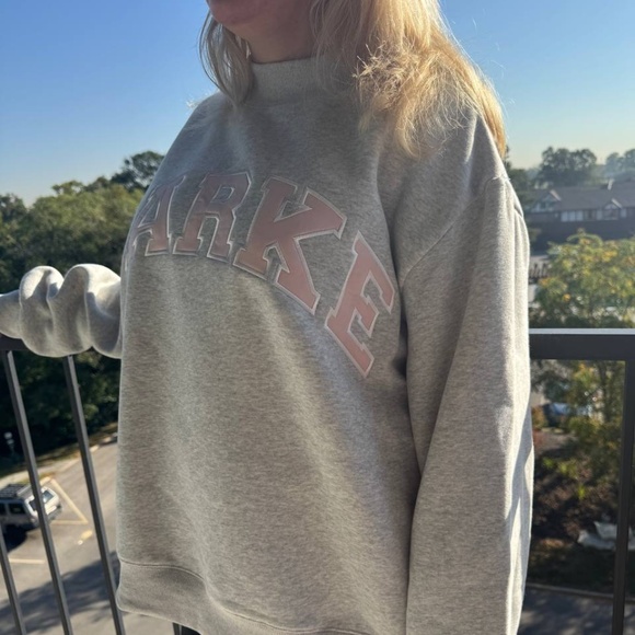PARKE Exclusive Grey Varsity Mock Neck Sweatshirt with Pink Logo S-M - Picture 1 of 9